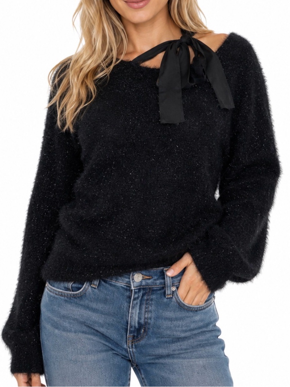 Worthington Black Fuzzy Sparkle Knit Sweater Satin Bow Tie Neck SZ LG NEW